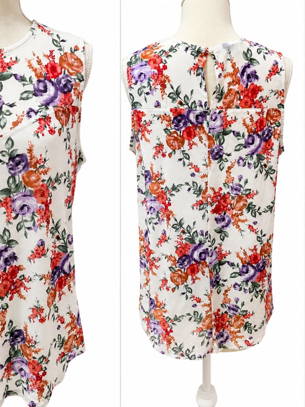 Apt. 9 White Sleeveless Floral Keyhole Tank with Purple & Orange Blooms